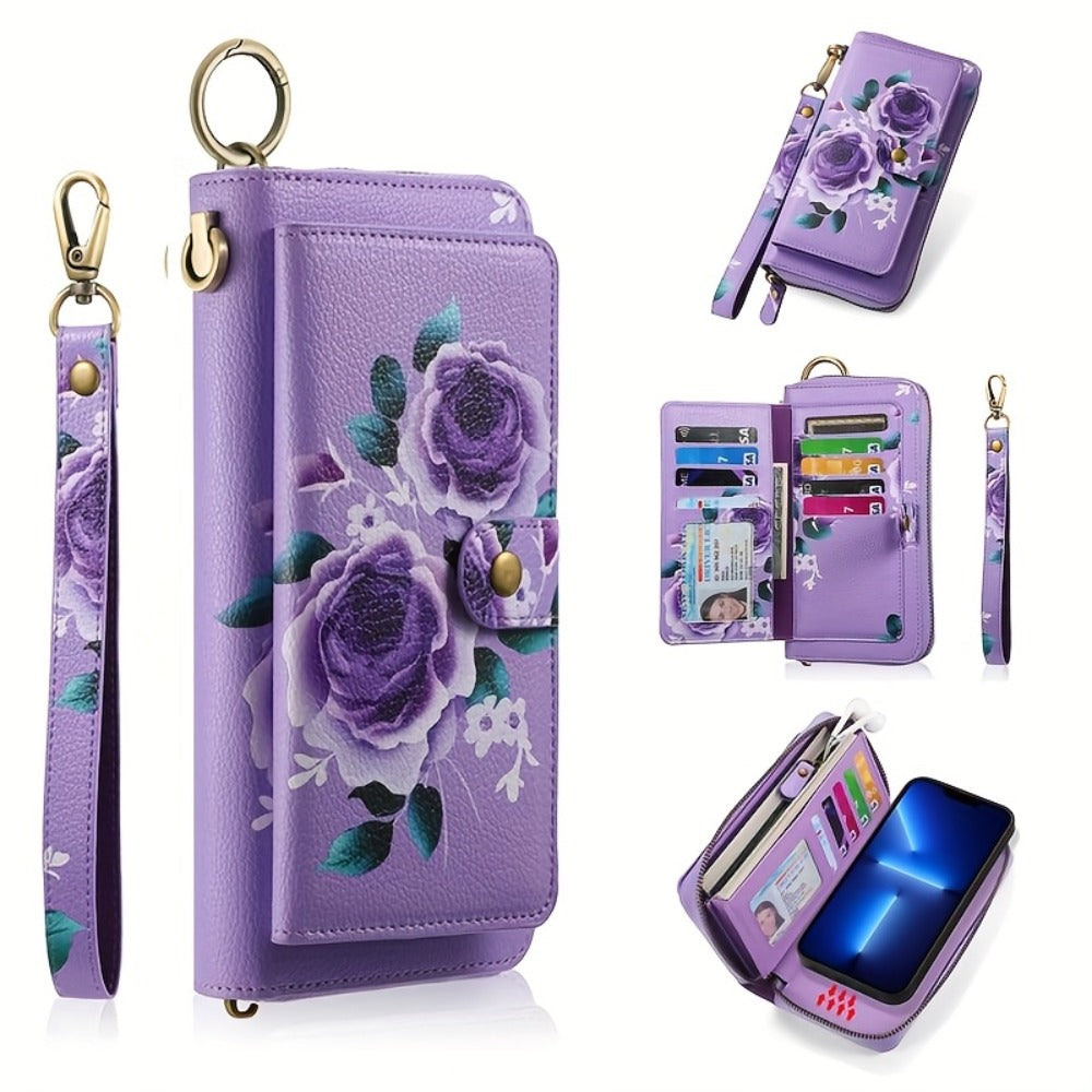 1 Stylish Purple Floral Faux Leather Zipper Wallet – Large Capacity Handbag with Phone Compartment, Multiple Card Slots & Coin Purse Design, Elegant Rose Pattern, Delicate Texture – Perfect Gift for Teens
