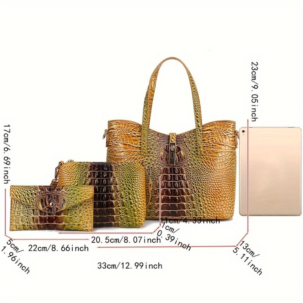 3pcs Crocodile Print Handbag Set - Fashionable Vintage Style, Multi-Functional Top Handle Crossbody, Business Clutch & Coin Purse - Spacious, Secure, Ideal for Everyday Chic,, Christmas, Mother's Day Gift