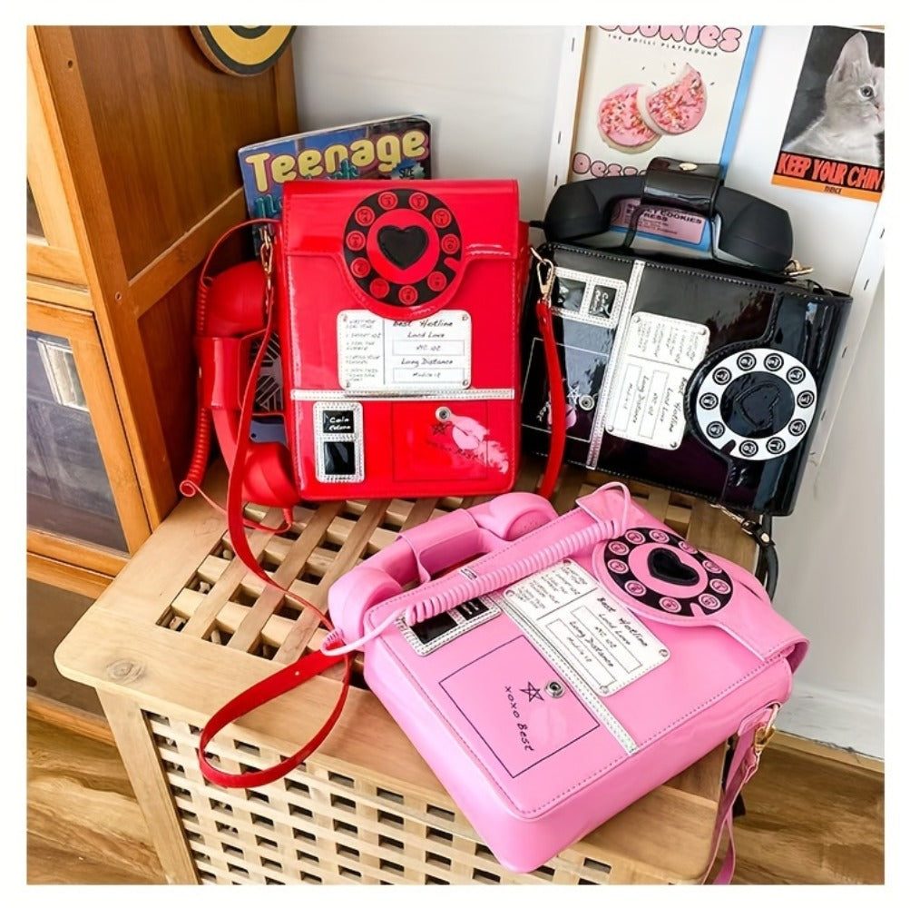 Creative And Stylish PU Glossy Chic Retro Telephone-Shaped Cross Body Bag For Women - Fashionable Simulated Body Bag, Irregular Bag, Shoulder Purse, Comb Bag, Available In Black, Red, Pink. A Perfect Birthday Gift For Your Best Friend Or Family