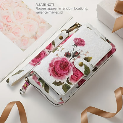 1 Stylish Purple Floral Faux Leather Zipper Wallet – Large Capacity Handbag with Phone Compartment, Multiple Card Slots & Coin Purse Design, Elegant Rose Pattern, Delicate Texture – Perfect Gift for Teens