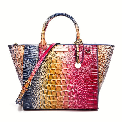 [Crocodile Patterned Handbag] Fashionable And Colorful Crocodile Patterned Handbag, A Visual Feast Of Multi-Color Gradient Fusion, Craftsmanship Texture, And Exquisite Metal Accessories Embellishment. Large Capacity Design Meets Diverse Needs