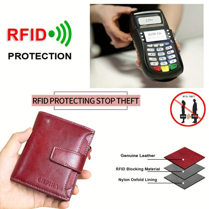 Solid Color Genuine Leather Compact Trifold Wallet With Rfid Blocking, Detachable Id Window & Multi-Card Slots