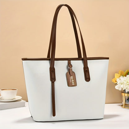 Women's Minimalist Large Capacity Tote Bag - Black with Brown Accents, Durable & Zipper Closure, Sturdy Fixed Shoulder Straps for Office, Commute, Work & Casual Use