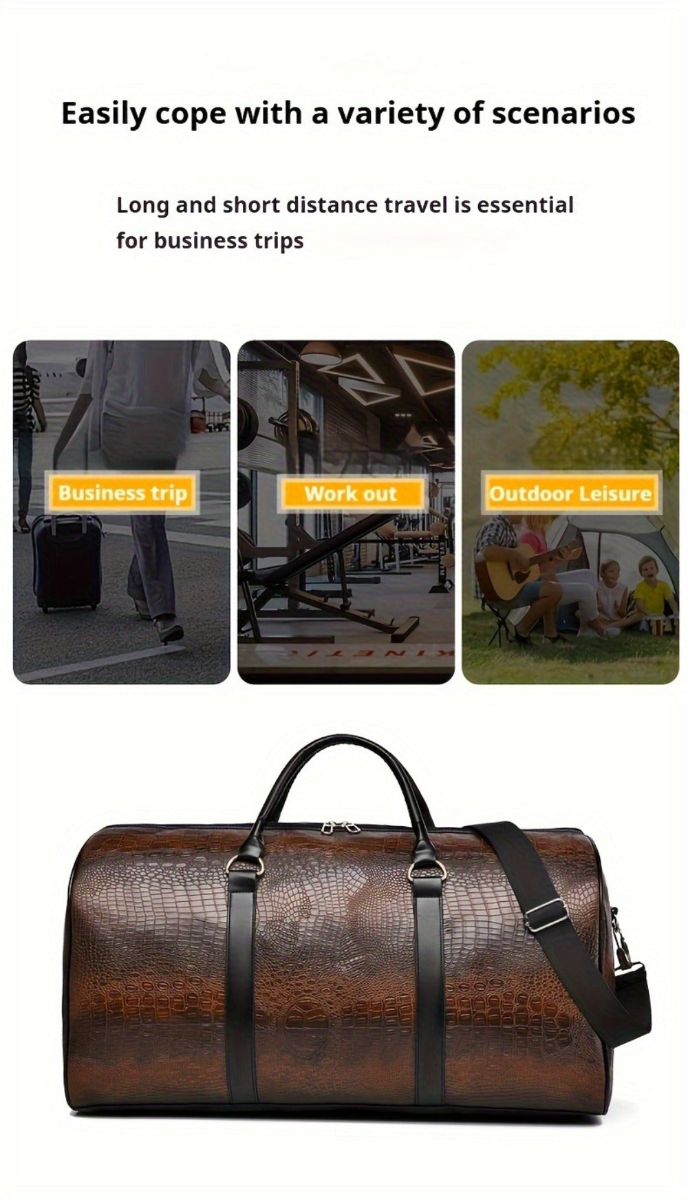 Vintage Crocodile Pattern Luggage | Retro Style | Large Capacity | Black And Dark Brown | Multifunctional Travel Handbag with Shoulder Strap
