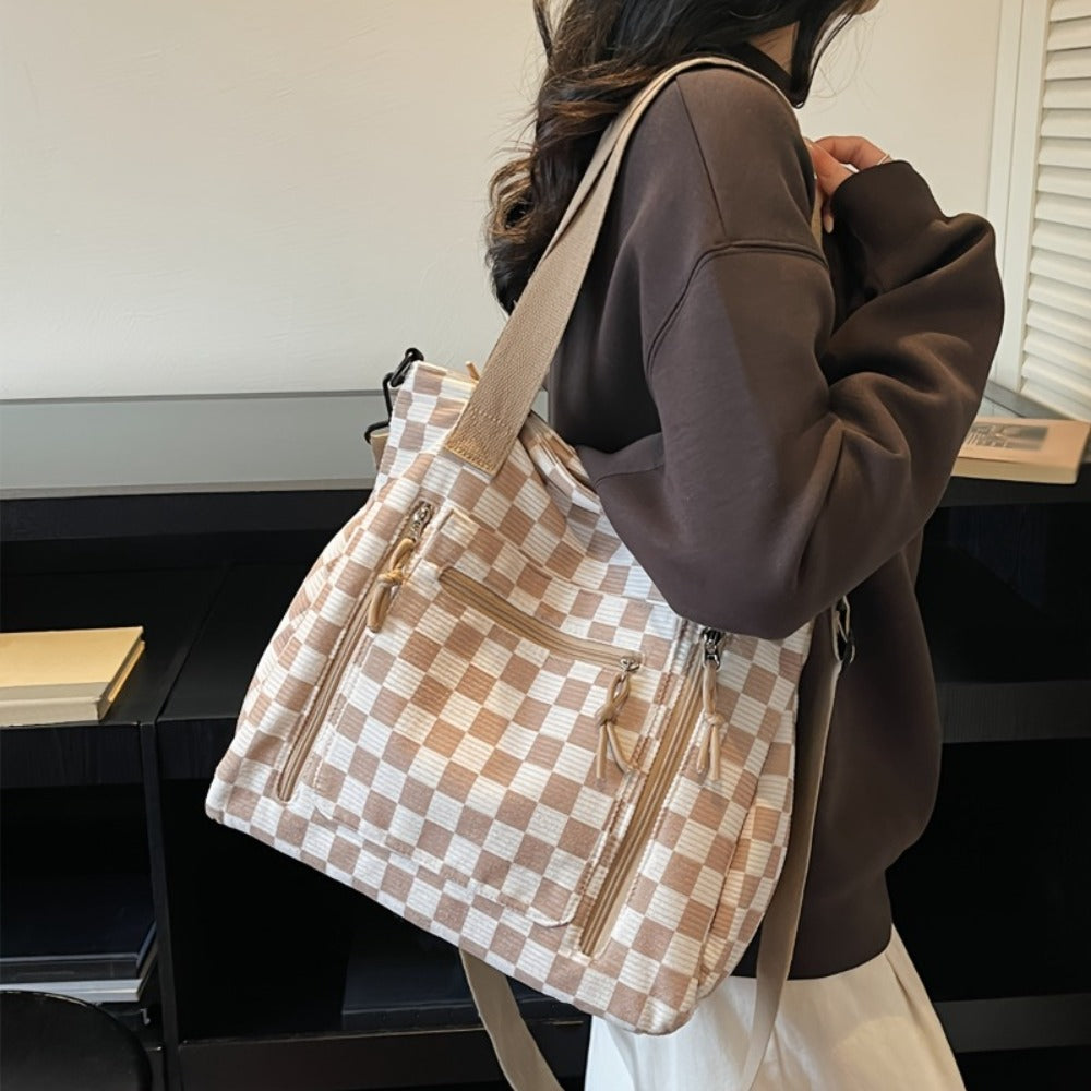 Multi-compartment Textured Checkered Bag | Ideal for Daily Commute, School & Outdoor Trips | Stylish Versatile Multi-purpose Shoulder & Crossbody BagCheckered Tote Bag | Large Capacity Commuter Bag