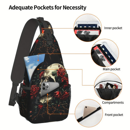 Crossbody Chest Hiking Backpack Skull And Red Roses Shoulder Folding Large Capacity Fashion Durable Can Be Used For Shopping, Work, Travel Beach Fishing Backpack Halloween Travel Backpack For School Back Christmas Gifts