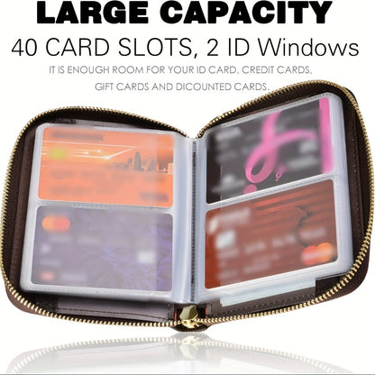 Card Case 40 Cards Slots And 2 ID Windows Credit Card Holder Wallet Zip PU Leather Card Case RFID Blocking Credit Card Organizer Gift Card Holder Rfid Wallet Card Holder Coin Purse