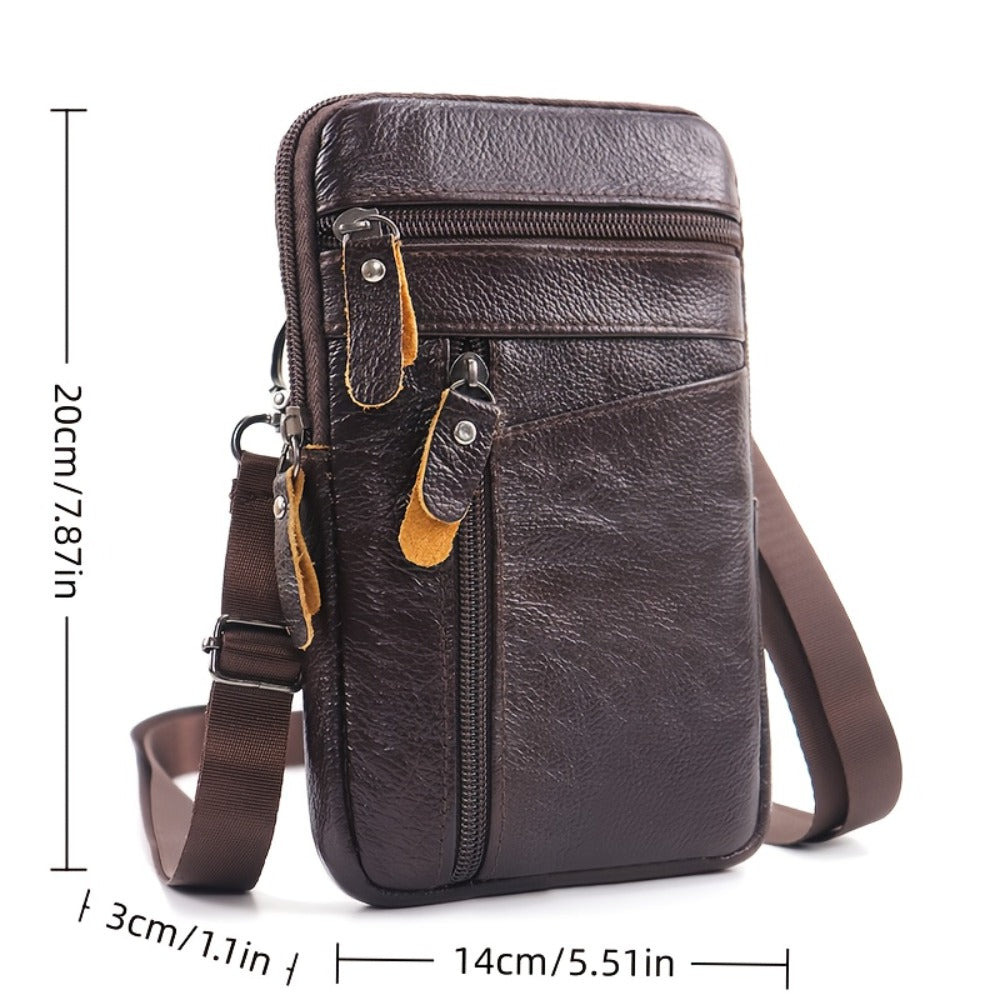 Men's Genuine Leather Sling Bag Belt Pack with Multi-Layer Crossbody Waist Pack Suitable for Daily Use, Outdoor Travel & Business - Adjustable Strap, Secure Zipper Closure, Hands-Free Carry - Top Layer Cowhide ()