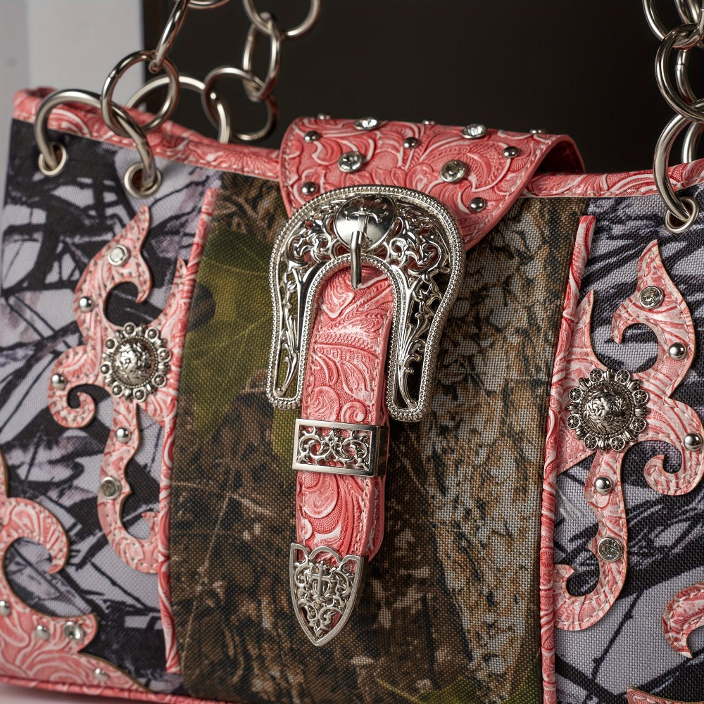 Western Style Camouflage Handbag, Concho Buckle Tooled Floral Country Studs Crossbody Women's Handbag, Backpack, Wallet Set, Ideal Christmas Gift