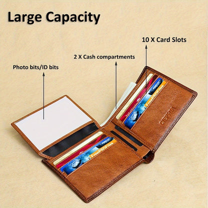 Men's Genuine Leather Anti Theft Brush Wallet Retro Bifold Short Multifunction ID Credit Card Holder With 2 ID Wallets