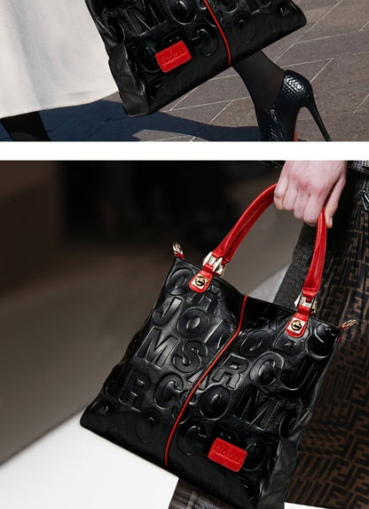 Head Layer Cowhide Letter Bag, Fashionable Motorcycle Bag, Tote Bag, Genuine Leather Women'S Bag, Handbag, Shoulder Bag, Fashionable Hand-held Crossbody Bag