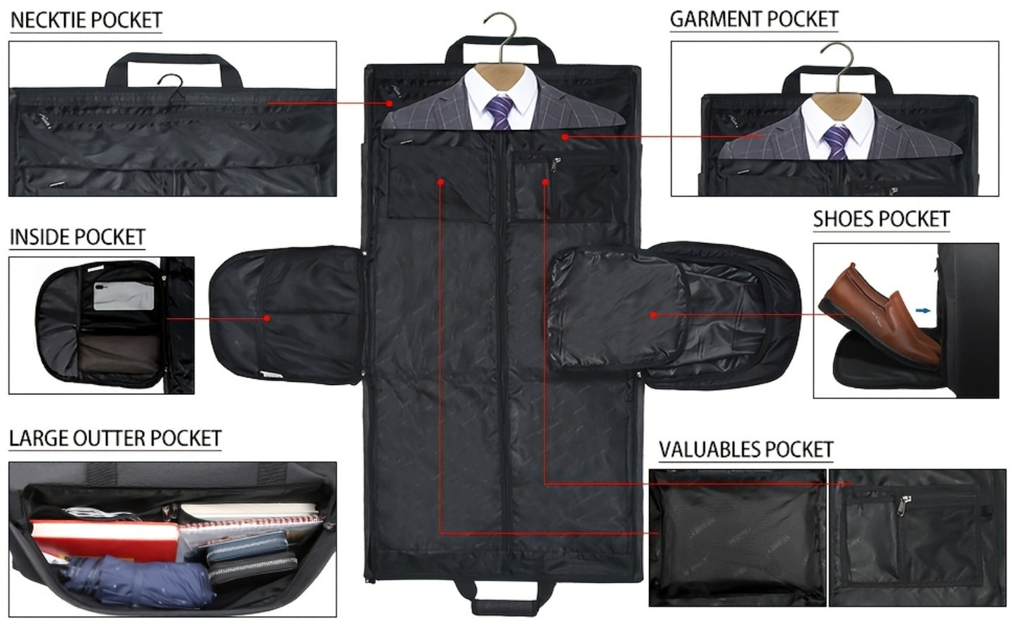 RAINSMORE Carry On Garment Bag Convertible Suit Travel Bag With Shoes Compartment Large Hanging Garment Duffel Bag Weekender Duffle Bag For Men Women, Black