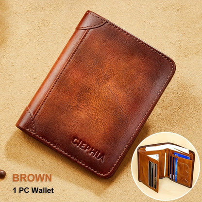 1pc Men's Genuine Leather Zipper Wallet, Top Layer Cowhide RFID Blocking Wallet, Vintage Multi-functional Wallet with 2 ID Card Windows, Ideal Gift for Men