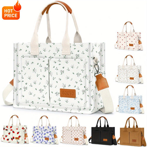 Chic Floral Canvas Tote Bag for Women, Versatile Shoulder & Crossbody Laptop Handbag, Sturdy Handle Construction, Multiple Pockets, Perfect for Work and Daily Commuting