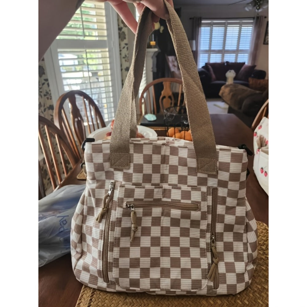 Multi-compartment Textured Checkered Bag | Ideal for Daily Commute, School & Outdoor Trips | Stylish Versatile Multi-purpose Shoulder & Crossbody BagCheckered Tote Bag | Large Capacity Commuter Bag