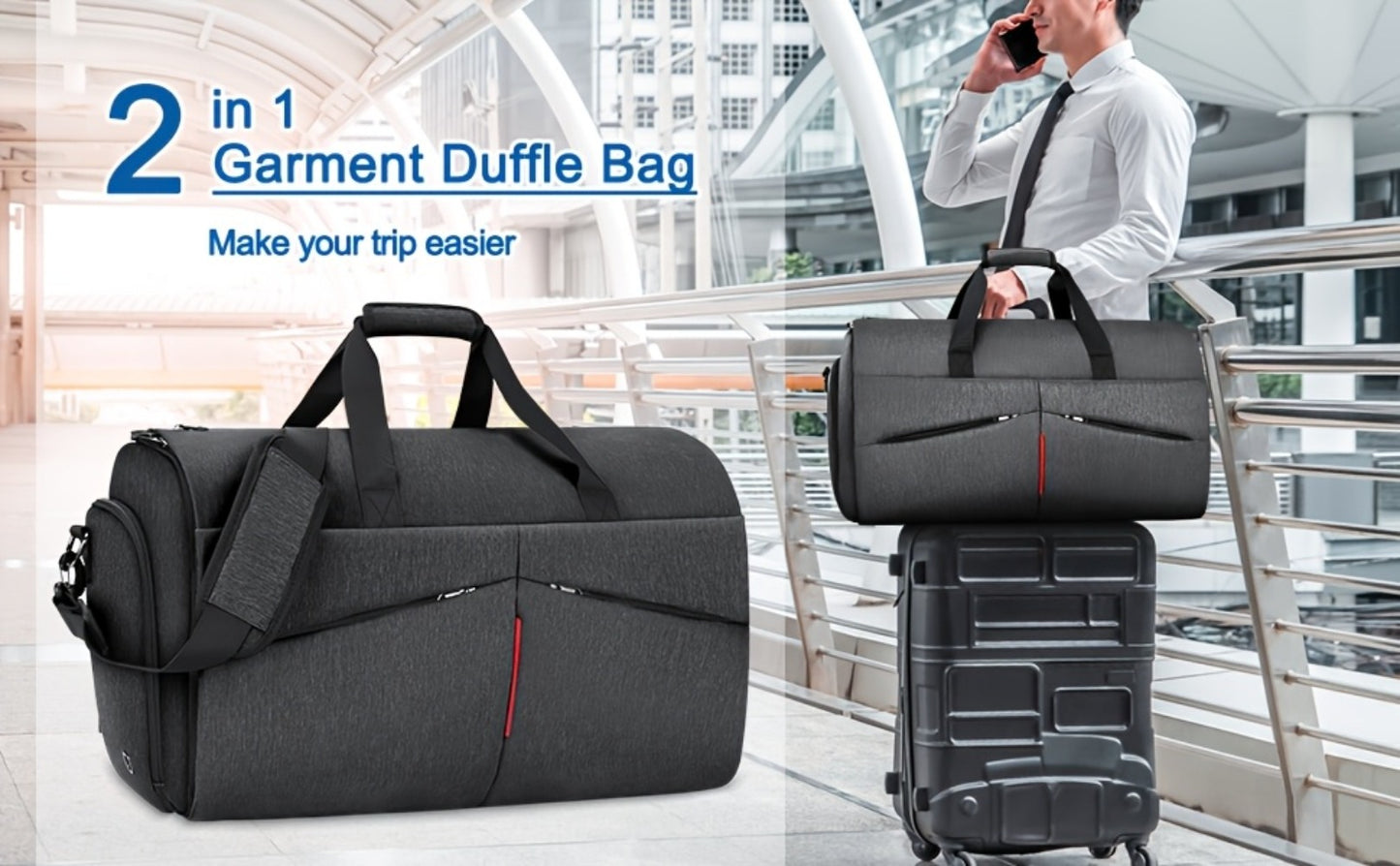 RAINSMORE Carry On Garment Bag Convertible Suit Travel Bag With Shoes Compartment Large Hanging Garment Duffel Bag Weekender Duffle Bag For Men Women, Black