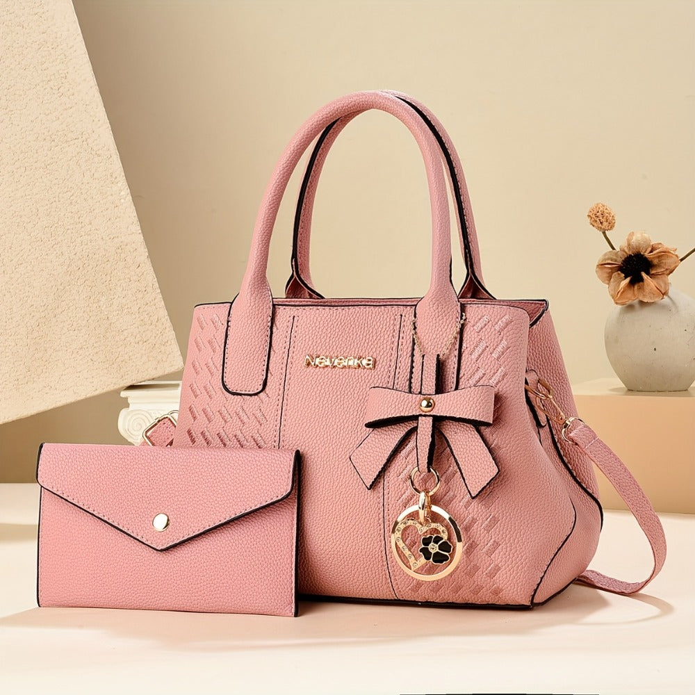 2pcs Women's Bags (one Handbag+one Wallet) Set, Neutral Large Capacity Handbag, Zipper Closure, Polyester Lining, Painted Edges, Detachable Strap, Solid Color, No Pattern, with Handbag, Perfect Gift for Mother's Day And Friends