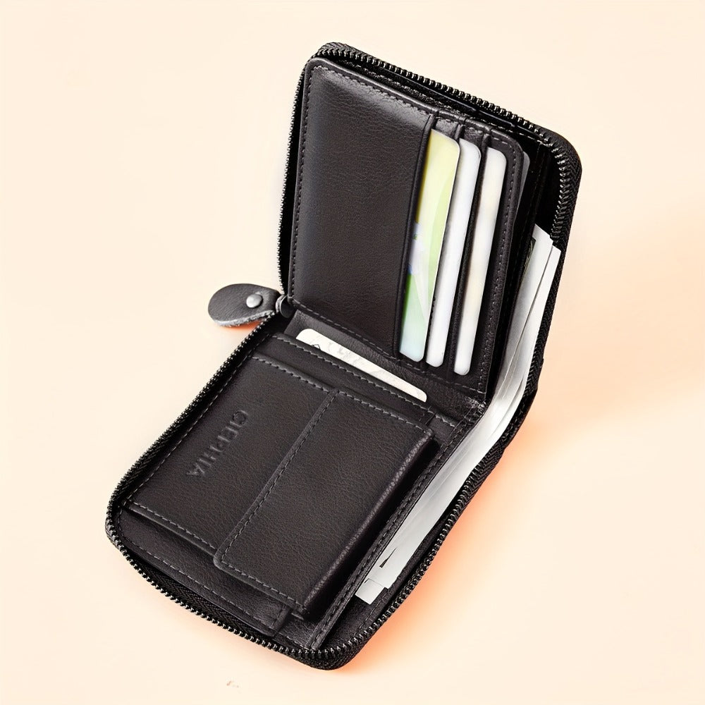 Men'S Genuine Leather Zipper Wallet RFID Secure Large Capacity Double Fold Multi-Card Top Layer Leather Wallets for Men And Coin Purse Christmas Father'S Day/Valentine'S Day/Anniversary Gift The Set Includes a Greeting Card