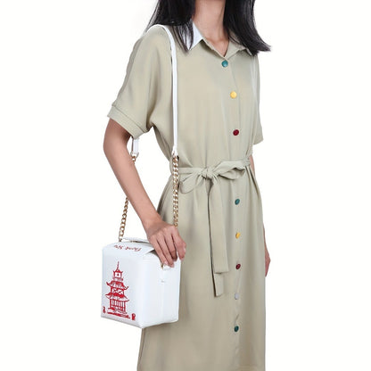 Chinese Takeout Crossbody Bag for Women Novelty Tower pattern Messenger Shoulder Purse Fun Handbag Square Tote bag