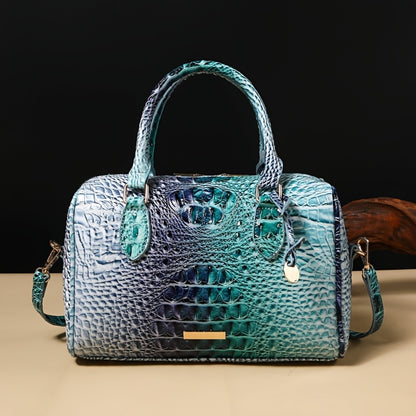 Gradient Crocodile Embossed Boston Bag for Women, Vintage Glossy Synthetic Leather Barrel Handbag with Detachable Crossbody Strap, Luxury Top Handle Shoulder Purse, Large Capacity Daily Commute Handbags