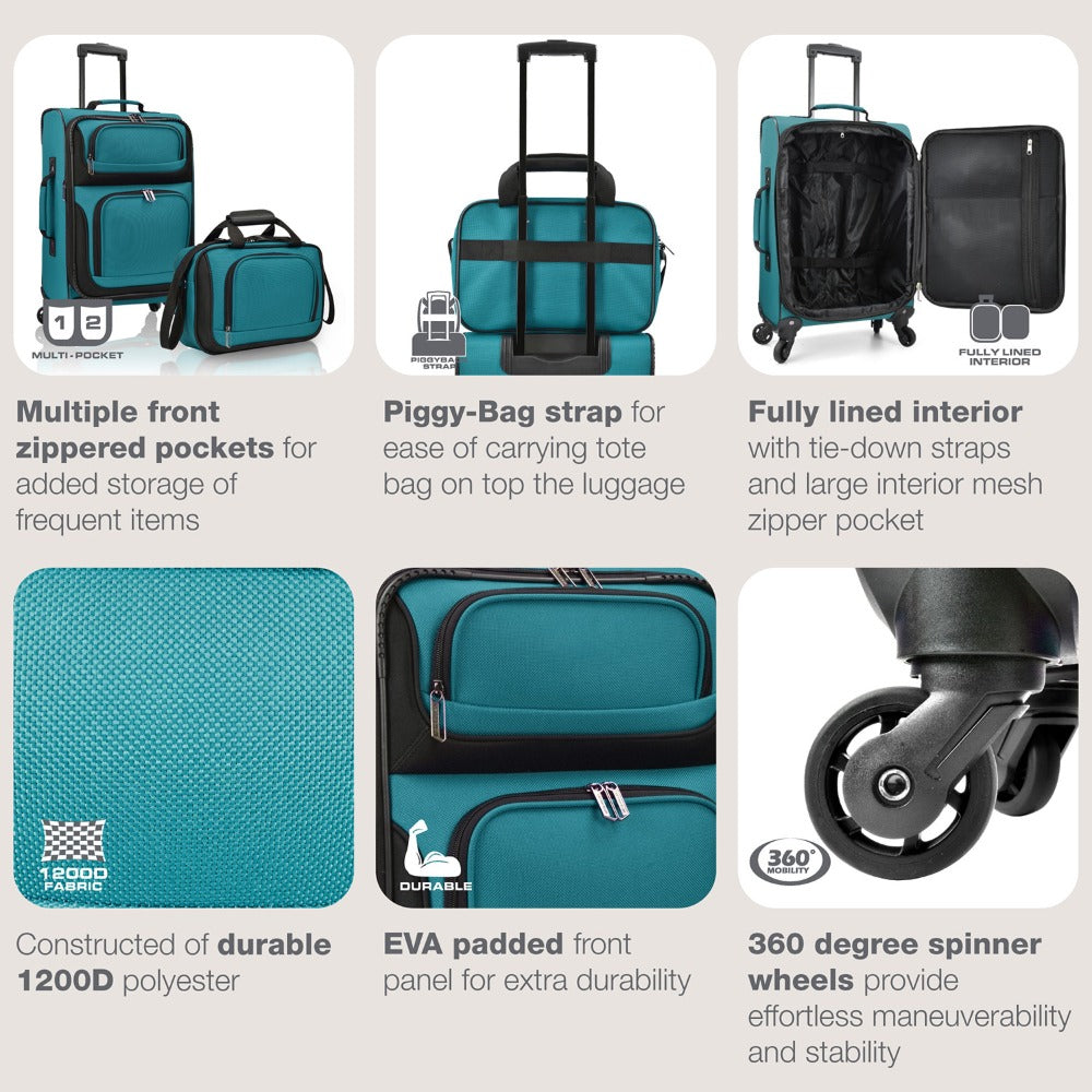 U.S. Traveler Rio II 2-Pcs Polyester Carry-on Suitcase w/ Tote | Soft Shell, Lightweight, Expandable & 360° Dual Spinner Wheels | Two-Tone, Colorblock, Matching Color, Black, Evergreen & Teal - Travel Luggage Set for Travel, Business Trips, and Weekend Ge