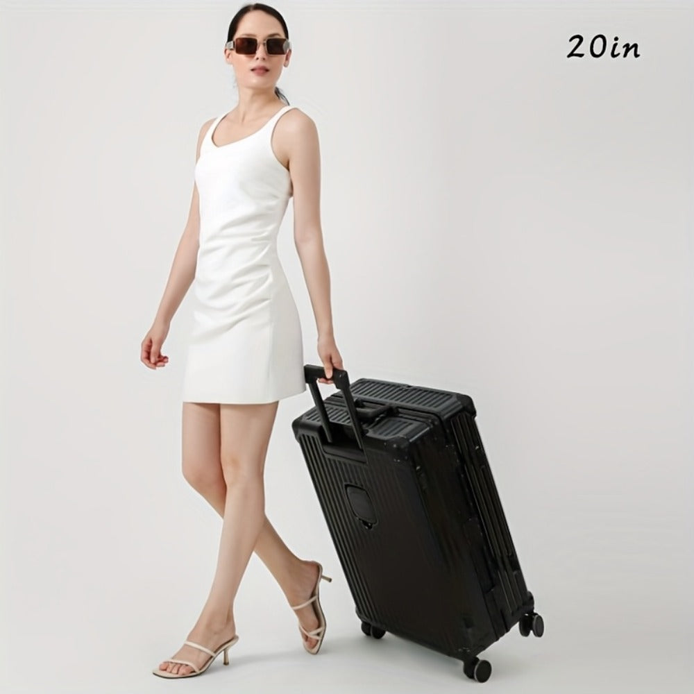 Multifunctional Aluminum Alloy Frame Suitcase, ABS+PC Material Suitcase, Scratch-resistant And Wear-resistant. Foldable Cup Holder And Side Stand Foot Hook, TSA Customs Password Lock. Universal Wheel, Internal Compartment And Compression Belt Design