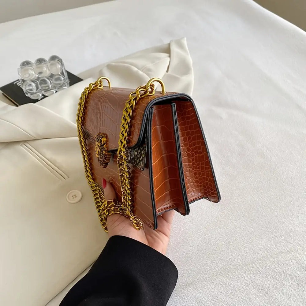2025 New Women'S Crossbody Bag with Golden Chain And Animal Headdress- Small Square Shoulder Bag, Urban Fashion Buckle Closure Design, Suitable for Casual And Formal Looks, Multifunctional Accessory, High-End Elegant Handbag, Fashion Item