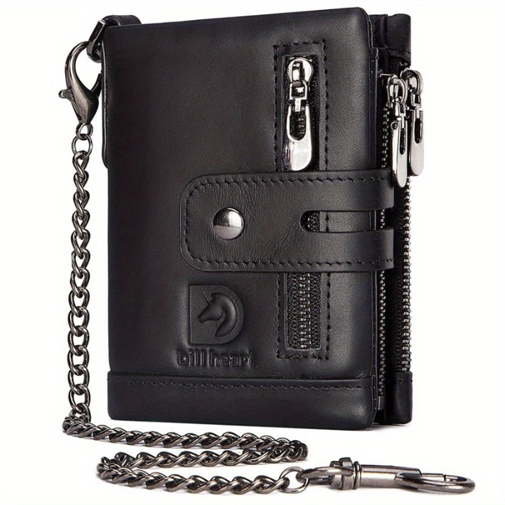 Men'S Wallet with Chain, Leather Short Wallet, RFID Shielding Card Clip, Double Zipper Change Bag, Anti-Theft Wallet, Ideal Gift for Men