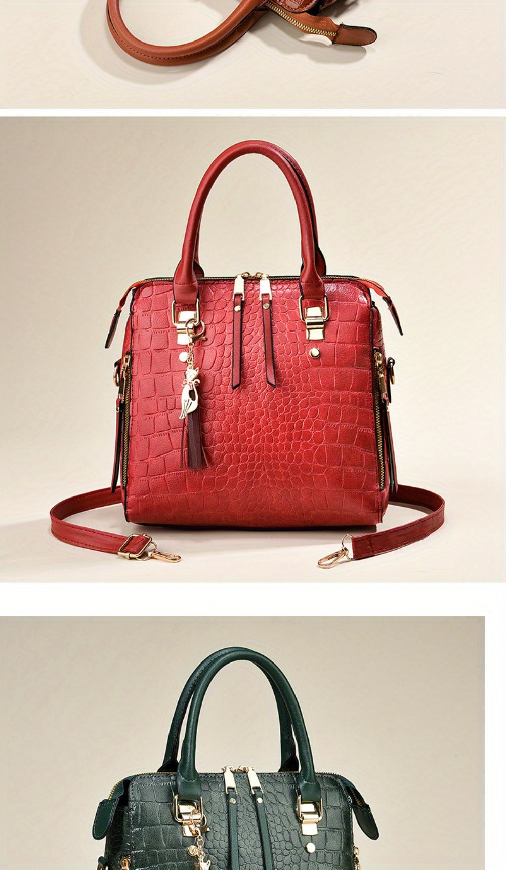Fashion Crocodile Pattern Women's Handbag 2pcs Set, Women's Shoulder Bag with Tassel Decoration, Metal Cat Pendant Crossbody Bag