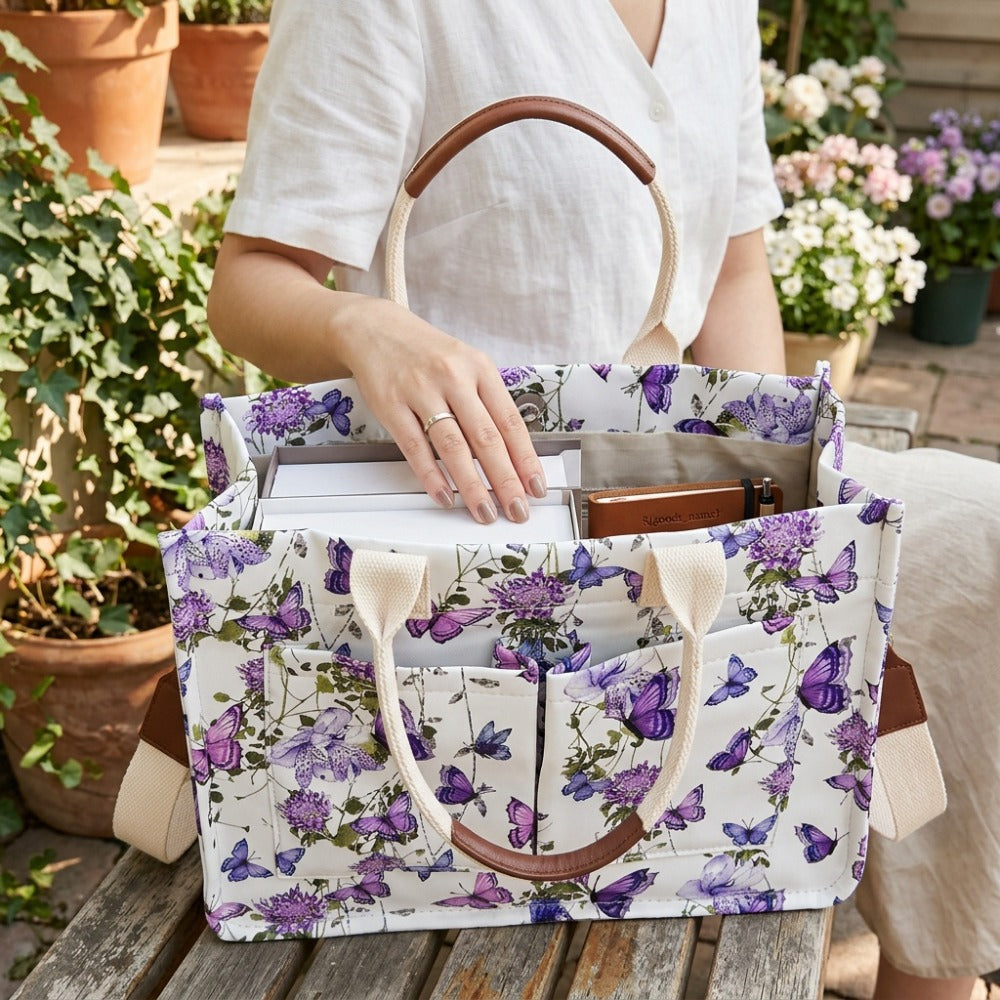 Butterfly Tote Bag for Women Patched Purse Cute Shoulder Bag Multi-Pocket Satchel Handbag for Work Books Travel, Bag Solely