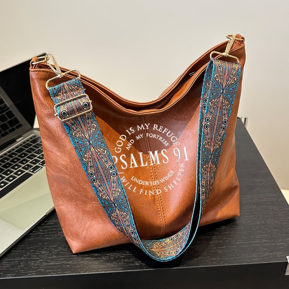 Wide Shoulder Strap, Large Capacity Tote Bag, Mother And Daughter Bag, Shoulder Body Bag, Underarm Bag, Coin Purse, Casual Versatile, White with English Lettering.Psalms91. Theme Suitable for Daily Commuting