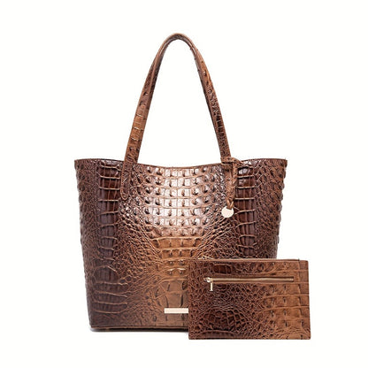 Stylish Two-Part Tote Bag Featuring a Crocodile Design And Elegant Metal Details, Offering Ample Storage for Versatile Carrying Options, Ideal for Various Occasions