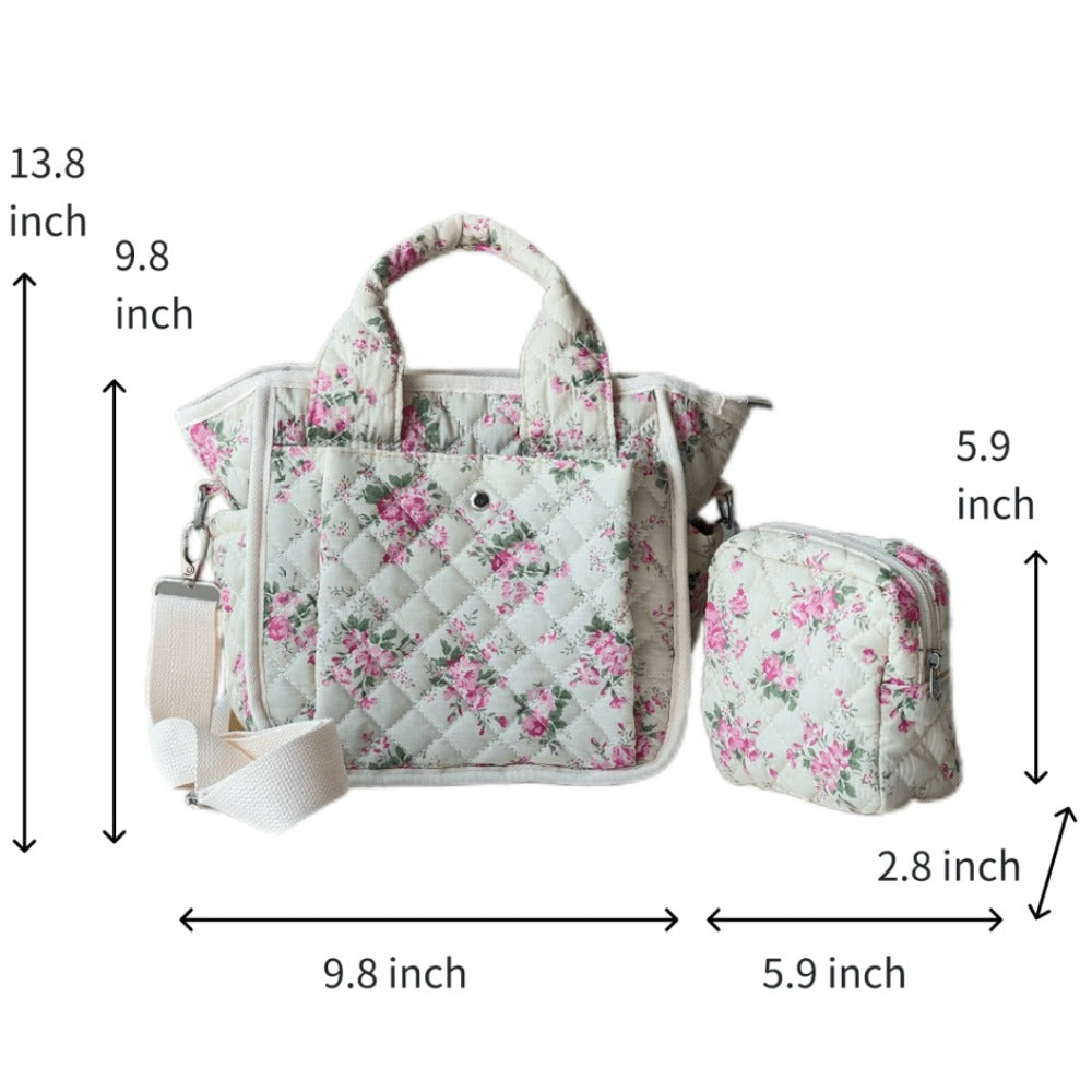 Floral Quilted Tote Bag for Women, Cute Crossbody Shoulder Purse with Pockets, Everyday Handbags