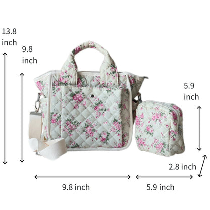 Floral Quilted Tote Bag for Women, Cute Crossbody Shoulder Purse with Pockets, Everyday Handbags
