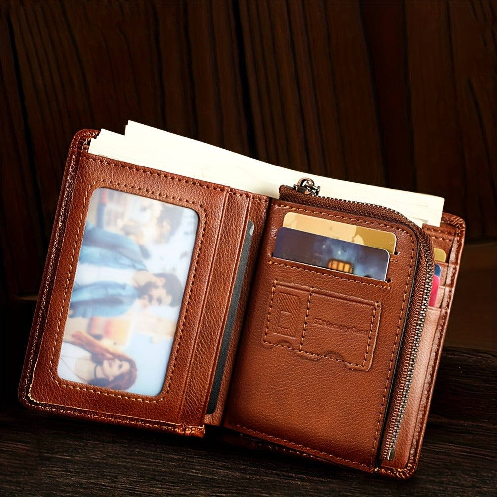 RFID Blocking Bifold Genuine Leather Wallets for Men with Zipper Coin Pouch, Top Layer Cowhide Vintage Multi Function Card Holder Wallet with 2 ID Windows