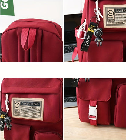 5pcs Solid Color Backpack Set, Large Capacity Double-ShoulderBag, Simple Tote, Pencil Bag, Casual Crossbody, Lightweight Student Shoulder Bag.