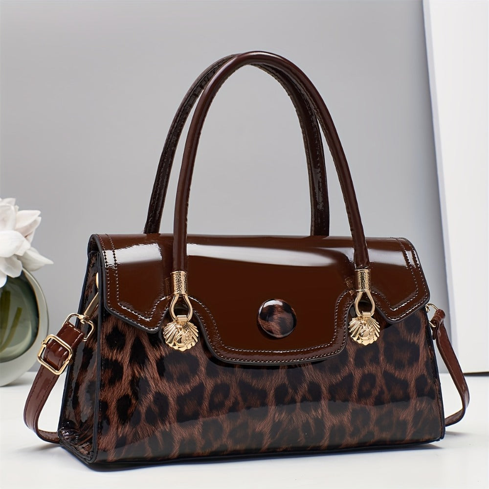 [Leopard Print Handbag] Fashionable New Women's Handheld Bag: Leopard Print Handbag With Magnetic Snap Closure, Metal Hardware Accents, Adjustable Shoulder Strap And Zip Closure