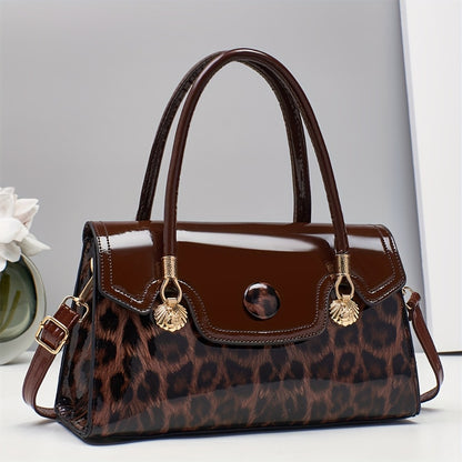 [Leopard Print Handbag] Fashionable New Women's Handheld Bag: Leopard Print Handbag With Magnetic Snap Closure, Metal Hardware Accents, Adjustable Shoulder Strap And Zip Closure