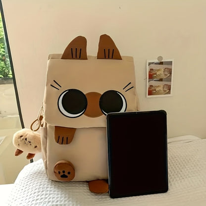 Adorable And Fun Spacious Cartoon Backpack - Made of Sturdy Nylon, Lined with, Features Zip Closure, Washable in Machine - Perfect for University Students, Siamese Cat Design with Brown Highlights