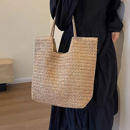 Ladies' Fashion Khaki Straw Tote BagLarge Capacity, Casual Woven Shoulder Handbag with Zipper Closure. Festival-themed, suitable for beach, shopping, picnic a must-have beach bag.