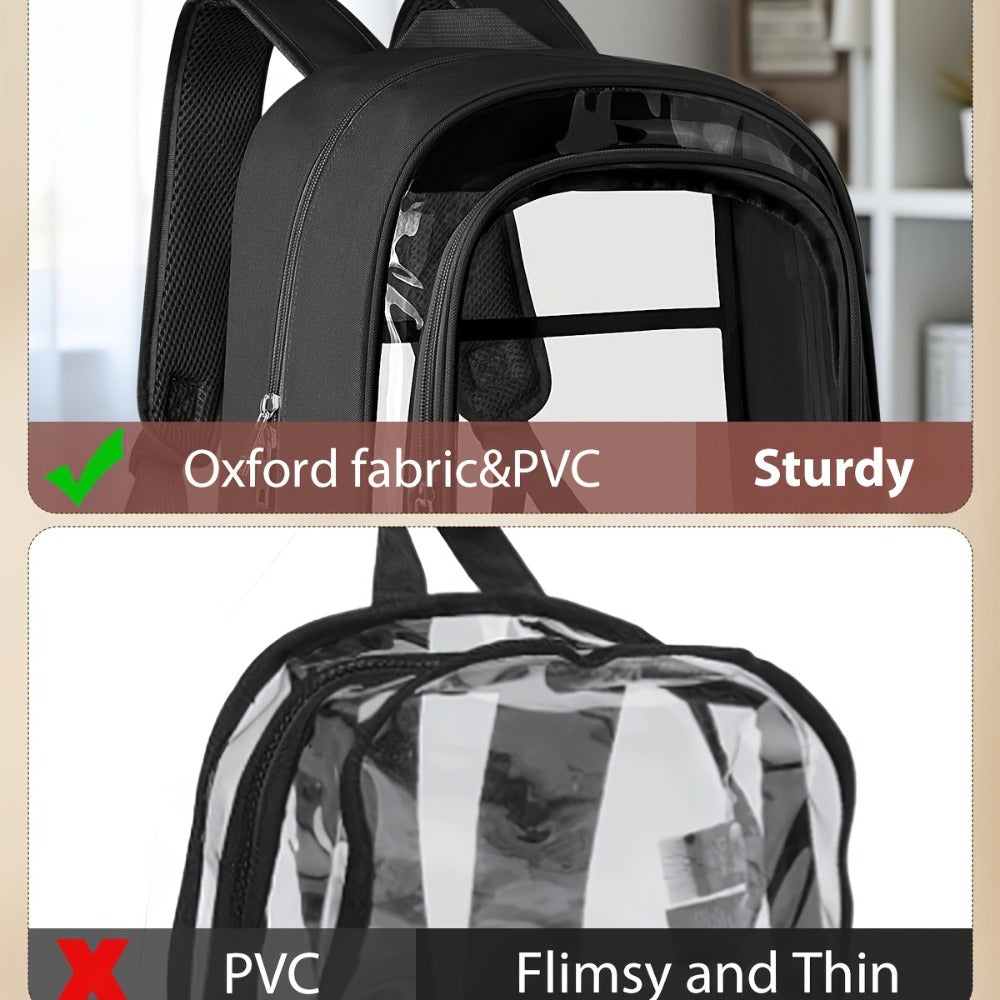 Transparent Backpack Made of Fabric And PVC, Featuring a Reinforced Strap Suitable for Both Women And Men. This Heavy-Duty Clear Bookbag Offers Ample Space for Travel And Security, in a Black Color