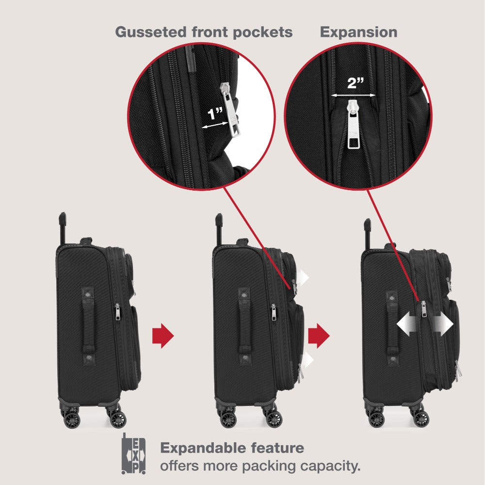 U.S. Traveler Rio II 2-Pcs Polyester Carry-on Suitcase w/ Tote | Soft Shell, Lightweight, Expandable & 360° Dual Spinner Wheels | Two-Tone, Colorblock, Matching Color, Black, Evergreen & Teal - Travel Luggage Set for Travel, Business Trips, and Weekend Ge