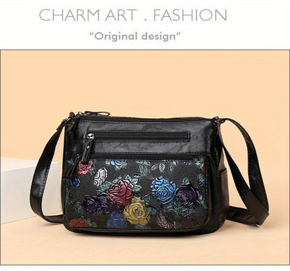 Women's PU Vintage Embossed Bag - Multi-Compartment Crossbody Shoulder Purse with Zipper Closure, Lightweight Commuter Handbag Gift Suitable for, Travel, Everyday Use -
