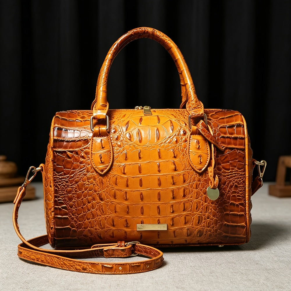 Gradient Crocodile Embossed Boston Bag for Women, Vintage Glossy Synthetic Leather Barrel Handbag with Detachable Crossbody Strap, Luxury Top Handle Shoulder Purse, Large Capacity Daily Commute Handbags