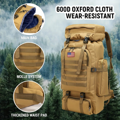 Men's Backpack for Mountain Climbing, Heavy Duty Double-Shoulder Travel Bag with Removable National Flag Patch Accessory
