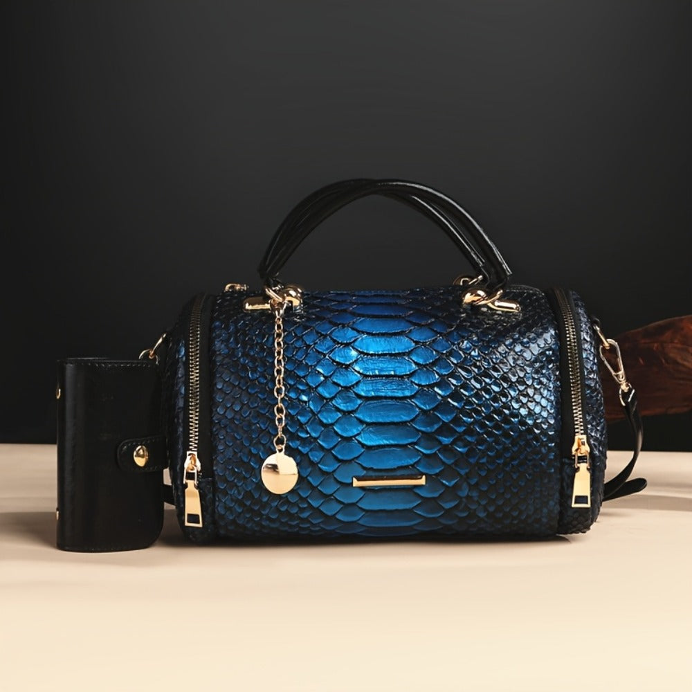 2pcs Retro Snake-Print Boston Bag - Large Capacity Crossbody/Handbag with Detachable Strap, Deep ///, Elegant Animal Pattern Handbags for & Travel, Durable & Easy Maintenance Suitable for Fashion