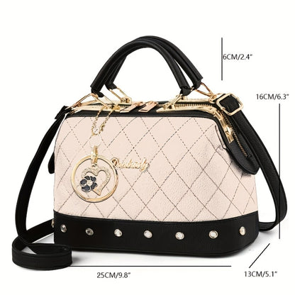 Black Quilted Boston Bag with Golden Hardware And Adjustable Shoulder Strap - Elegant Heart-shaped Rhinestone Ornament, Pattern Design And Stylish Rivet Details