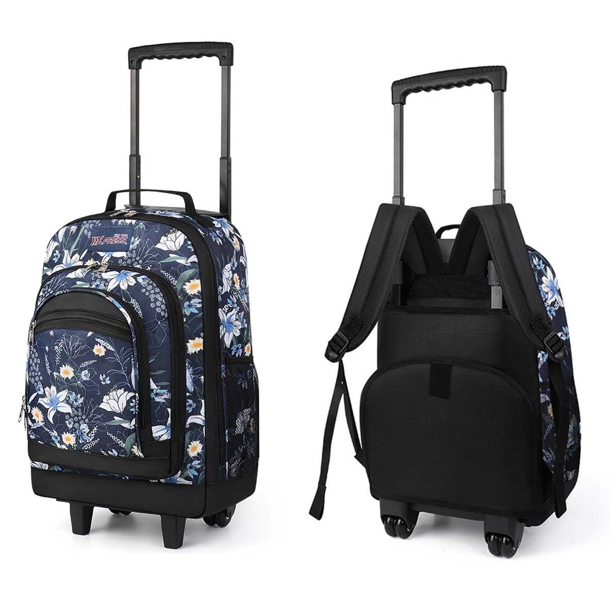 20 Inch Travel Rolling Backpack with Retractable Handle,Large Capacity Backpack with Wheels for Women & Men,Printing Travel Trolley Suitcase Bag for Weekend, School, Overnight, Work