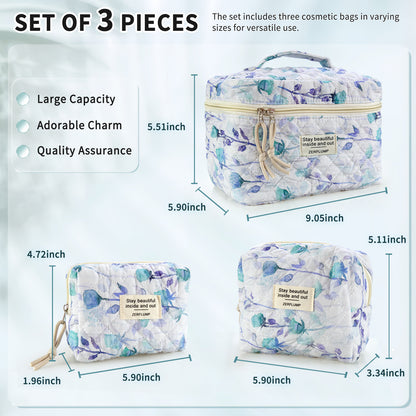 Cute Quilted Floral Makeup Bag (3Pcs)Coquette Aesthetic Cosmetic BagTravel Toiletry Bags Kawaii Aesthetic pouch for Women