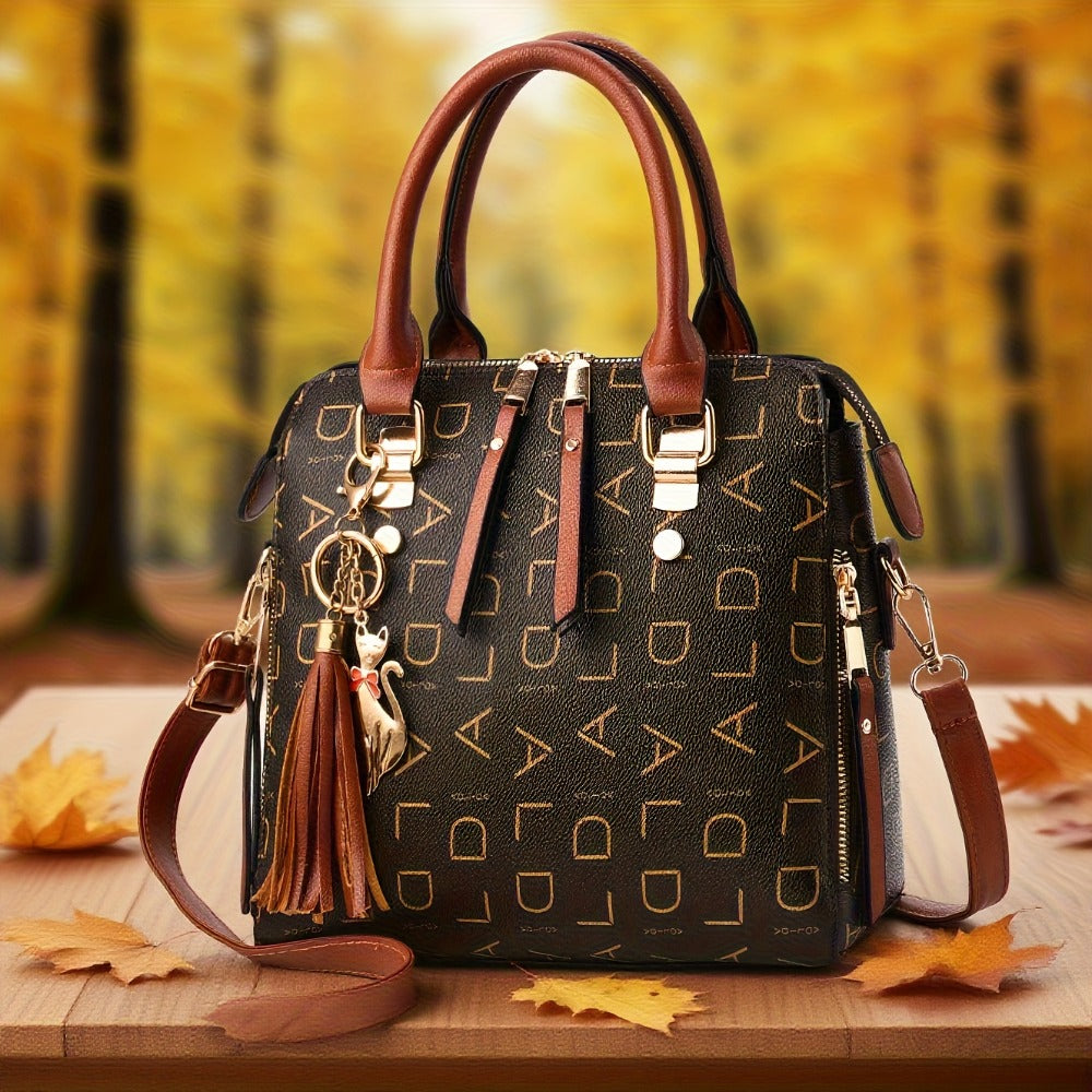 Ladies Fashion Handbag, Zipper Closure Shoulder Handbag, Detachable Shoulder Strap, Colorful Monogram Printed On The Edge, Casual Ladies Purse, Wallet Crossbody Bag Travel Bag